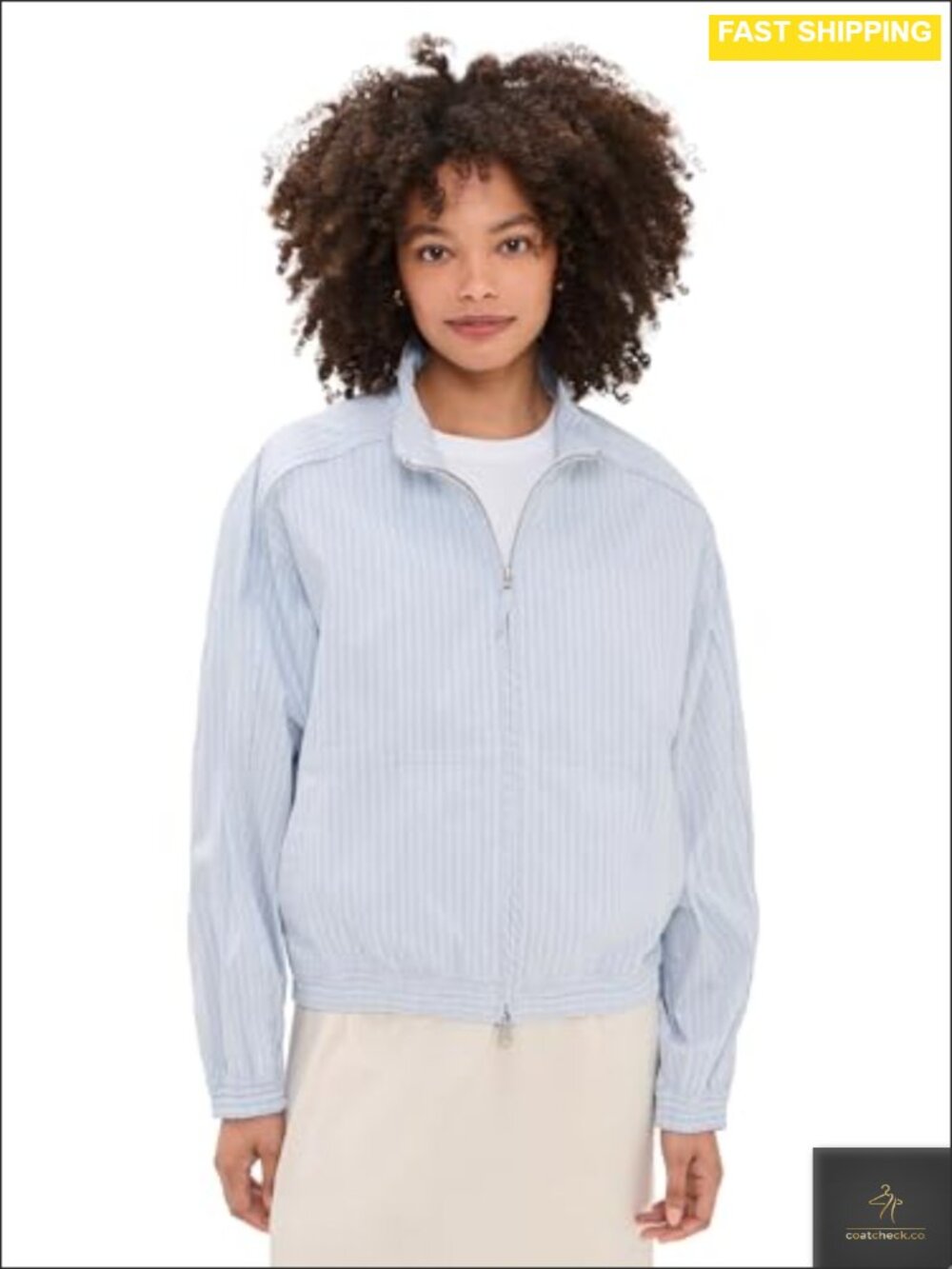 Lightweight Cotton Blend Harrington Jacket with Stripe Print, Collared Zip